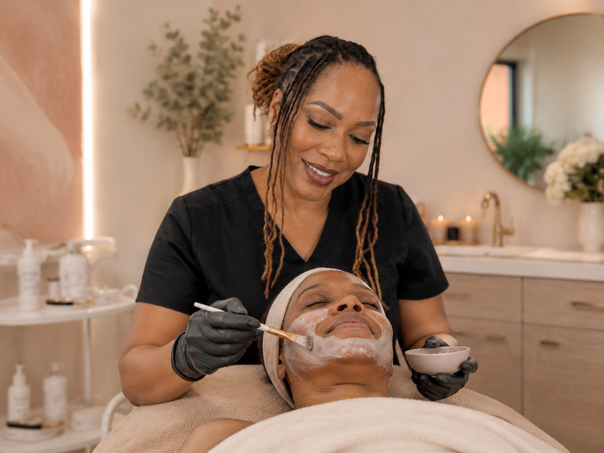 Tima performing a professional facial treatment at Boujie and Bare Esthetics